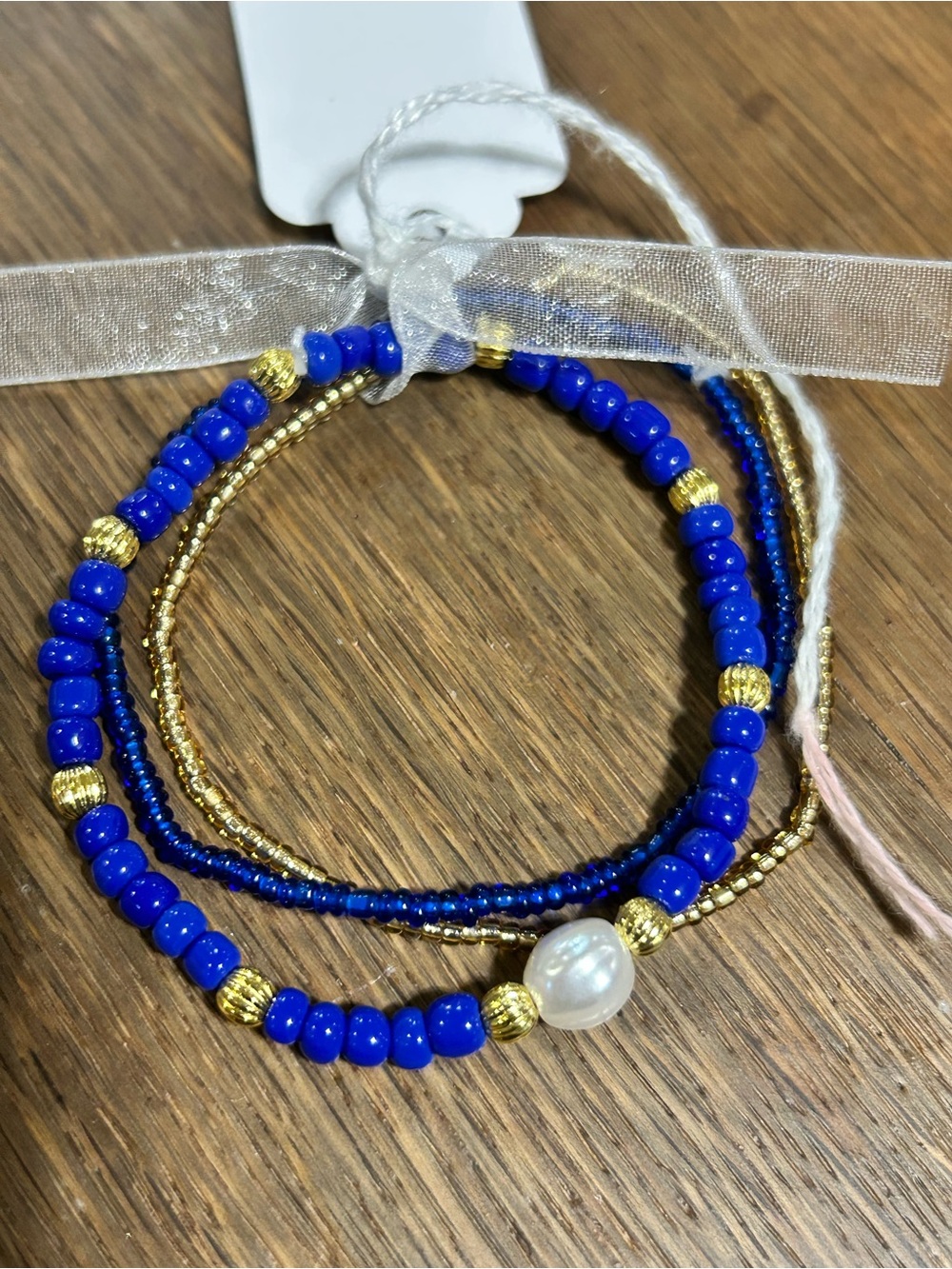 Gold & Cobalt Blue Beaded Stack Bracelet with Cowrie shell or pearl accent bead